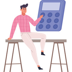 Man Sitting On A Table Holding A Large Purple Calculator With A Pink Checked Shirt And White Pants On A White Background