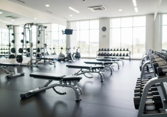 Modern gym interior with exercise equipment and weights