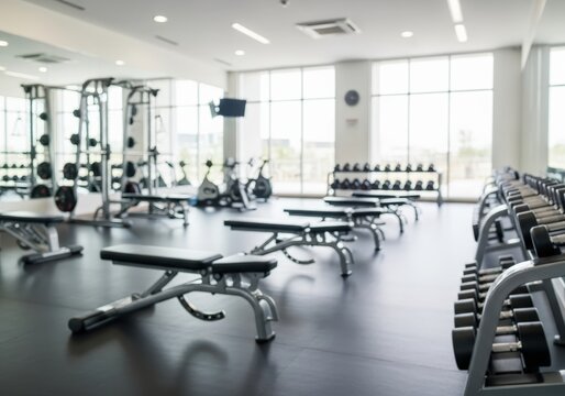 Modern gym interior with exercise equipment and weights