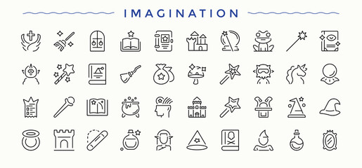 Imagination icon set. Wizard line icon set. Minimal linear icons. Includes symbols for magical, entertainment, magician, trick, wizard, wand. Pixel perfect. Editable vector.