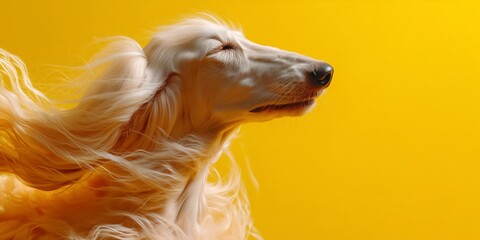 Elegant dog with flowing fur enjoying a moment in front of a bright yellow backdrop