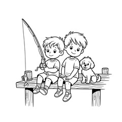 Two happy young boys and a small dog sitting on a wooden pier fishing together on a sunny day