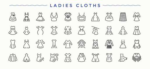 Ladies Cloths modern icon set. Minimalist icons collection. Outerwear icon set. Containing cloth, wear, apparel, suit, outerwear and more.