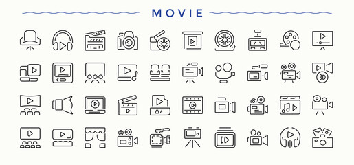 Movie icon set. Contains outline symbols like music, speaker, audio, multimedia, sound, film and more. Video icon. Icons for UI design. Vector collections.