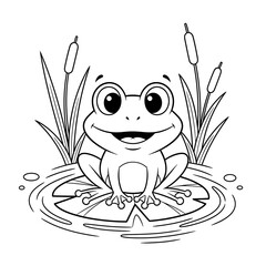 Cute cartoon frog sitting on a lily pad surrounded by reeds and water in a simple line art illustration