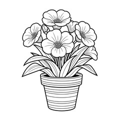 Detailed black and white line art drawing of a potted flowering plant with multiple blooms and leaves