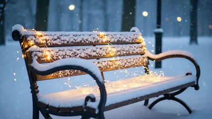 Snow covered park bench decorated golden fairy lights twinkling winter twilight blue hour magical romantic atmospheric enchanting outdoor seasonal festive

 - Powered by Adobe