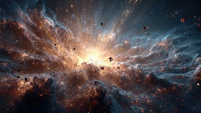 Massive cosmic explosion erupts in deep Space, with bright light illuminating swirling nebulae and scattered debris creating a dramatic celestial event
