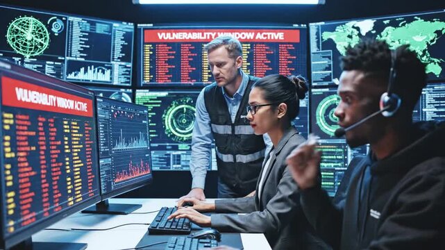 IT professionals monitor data on multiple screens, dealing with a vulnerability alert - Powered by Adobe