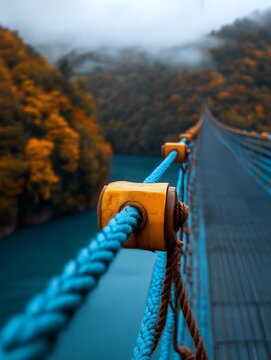 Fototapeta A suspension bridge rope detail, turquoise and brown ropes with yellow clasp, overlooks a misty autumnal valley and lake. The scene evokes tranquility and adventure