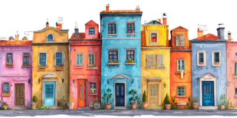 Colorful European Houses Watercolor Illustration on Transparent Background
