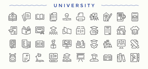 Set of University line icon. Included school, scholar, scholarship, learning, academy, study, academic institution and more. Line symbol and sign. Academy icon set. Pictogram and infographic.