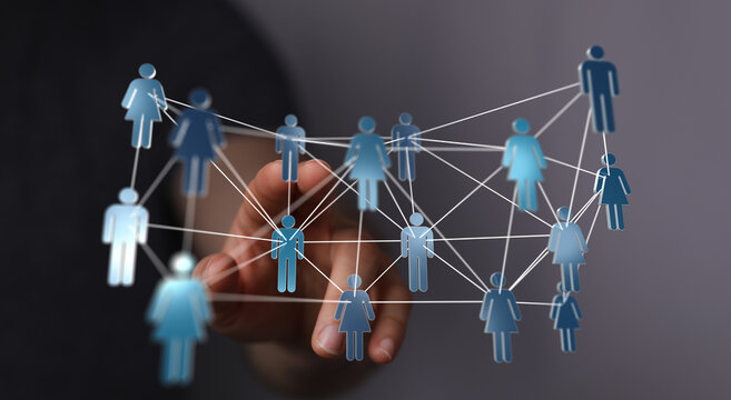 Hand touching digital network of people. Connections concept, human interaction, online collaboration, global c - Powered by Adobe