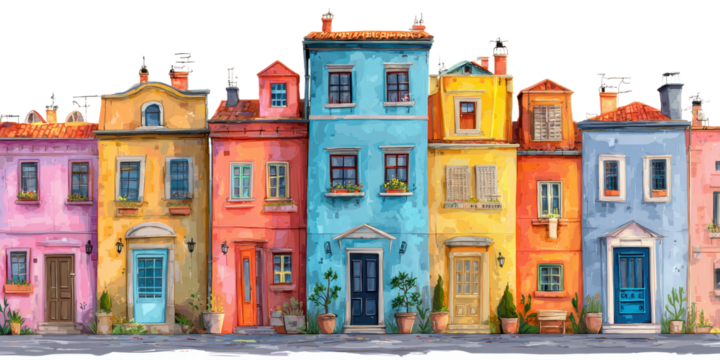 Colorful European Houses Watercolor Illustration on Transparent Background