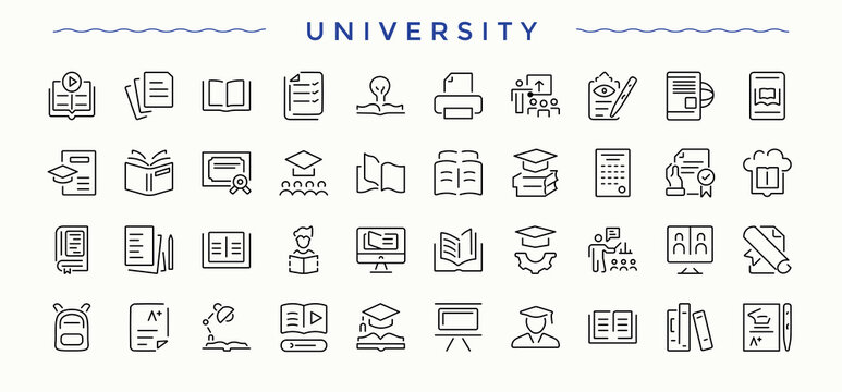 Set of University line icon. Included school, scholar, scholarship, learning, academy, study, academic institution and more. Line symbol and sign. Academy icon set. Pictogram and infographic.