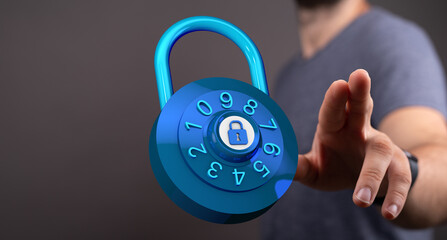 Concept of cybersecurity, data privacy, and online safety. Person interacting with 3D padlock representing acce