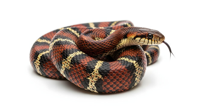 Coiled Milk Snake with Red and Black Bands Isolated on White