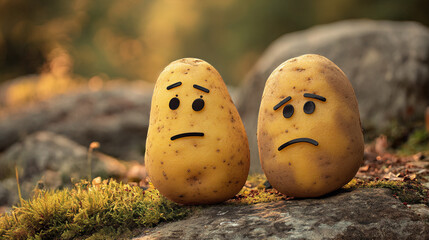 Two potatoes with sad faces sitting on a rock surrounded by moss in a blurry outdoor setting