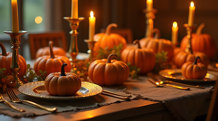 cozy autumn dinner setting with pumpkins and warm candlelight