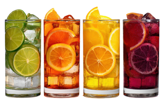 Assorted Fruit Cocktails with Ice in Clear Glass on Transparent Background