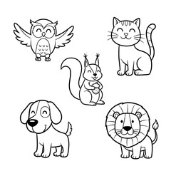 Obraz premium Charming hand drawn line art illustrations of cute cartoon animals including owl cat squirrel dog and lion