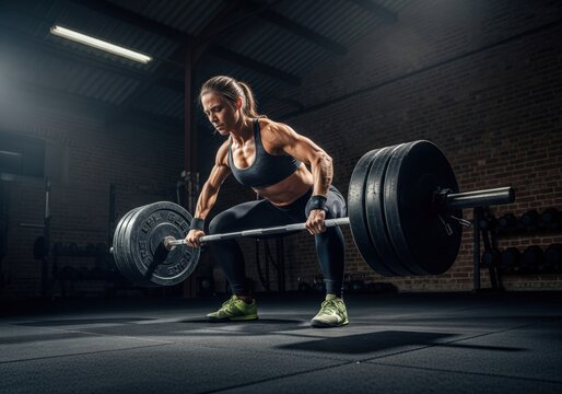 Female athlete deadlifting heavy weight in a gym, focused on strength training