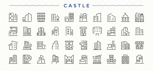 Castle icon set. Isolated icons. Editable stroke vector art. House vector line icon set. It contains symbols to office, museum, residential, villa, estate, real estate and more.