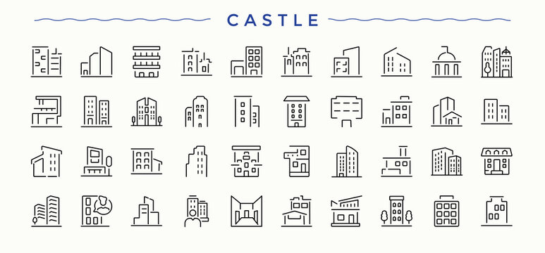 Castle icon set. Isolated icons. Editable stroke vector art. House vector line icon set. It contains symbols to office, museum, residential, villa, estate, real estate and more.