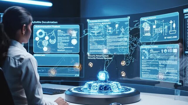 Futuristic, AI-powered system with world map display, analyzing data, seen by two women