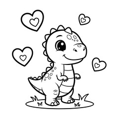 Cute cartoon dinosaur with hearts for valentine s day or children s coloring page