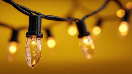 Warm string lights illuminate a textured yellow wall, creating a beautiful and inviting atmosphere perfect for outdoor gatherings and cozy evenings