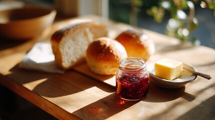 Fresh bread with jam and butter on a sunny kitchen table in the morning