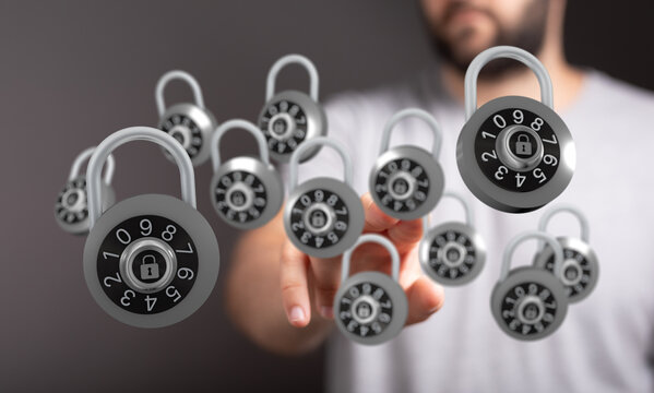 Concept of cybersecurity, data protection, digital safety, privacy, and online security, shown with hand and pa