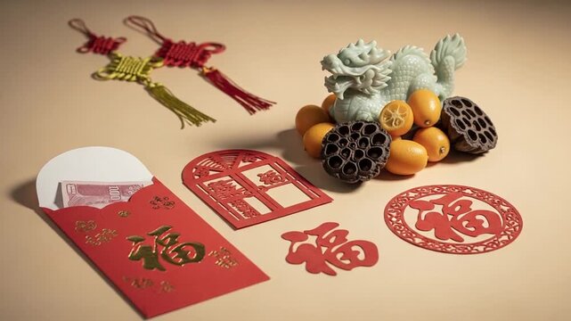 Lunar New Year Decorations and Red Envelopes for Good Fortune.