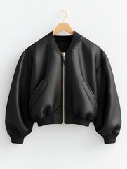 Black women's bomber jacket with gold zipper, hanging on wooden hanger. Stylish and modern design