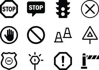 Silhouette stop sign icon set with octagon shapes and bold text for traffic warning design.