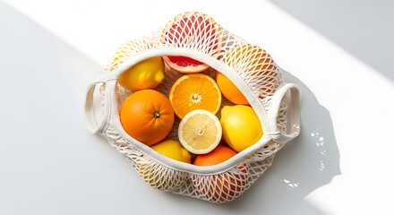 Fresh citrus fruits in a reusable mesh bag with natural light and shadows
