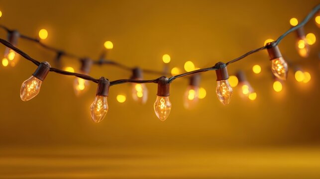 Warm string lights illuminate a textured yellow wall, creating a beautiful and inviting atmosphere perfect for outdoor gatherings and cozy evenings - Powered by Adobe
