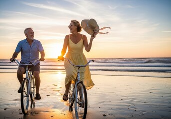 Happy couple enjoying a sunset bike ride on the beach