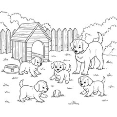 Adorable line art illustration of a mother dog and her playful puppies in a backyard with a doghouse and fence