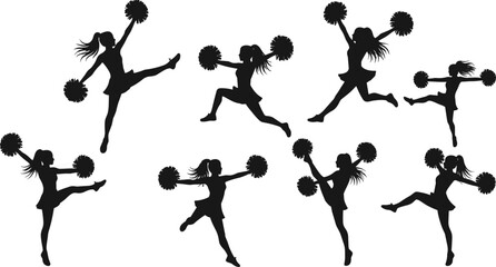 Cheerleader silhouette vector illustration set with pom poms, jumping and dancing women, energetic team performance design for sports, fitness, motivation, and celebration themes
