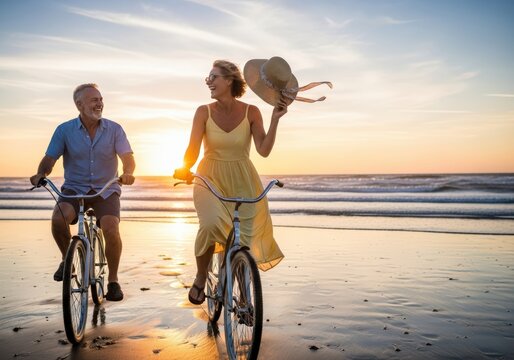 Happy couple enjoying a sunset bike ride on the beach