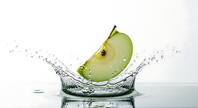Green apple slice splashing into water