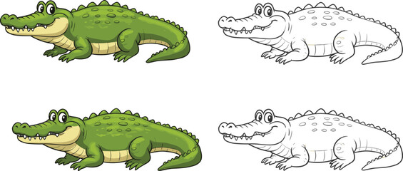 Two cartoon crocodiles illustration, colored and outline versions, friendly animal design for children’s books, coloring pages, educational graphics