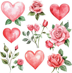 Romantic watercolor composition with roses, hearts, and love-themed decorative elements in soft tones - vector illustration