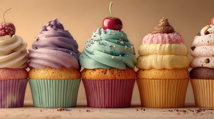 Five pastel cupcakes sit in a row on a beige background with decorative toppings like cherries, sprinkles, and chocolate drizzle