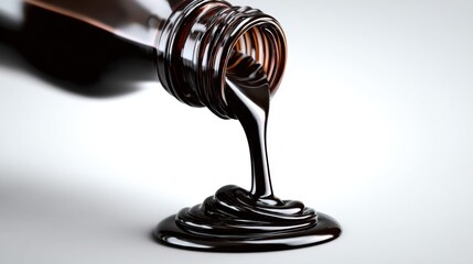 Glossy black viscous liquid pouring from bottle creating elegant swirl pattern showcasing fluid dynamics texture shine reflecting premium quality substance