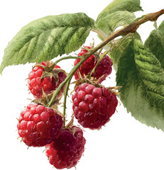 Hand-painted watercolor branch adorned with ripe red raspberries and lush green leaves - vector illustration