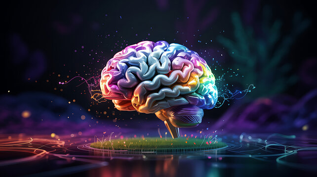 Blue abstract 3D illustration of a human brain showing complex cerebral anatomy and neurology, representing intelligence and medical science