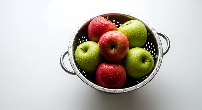Fresh red and green apples in a metal colander